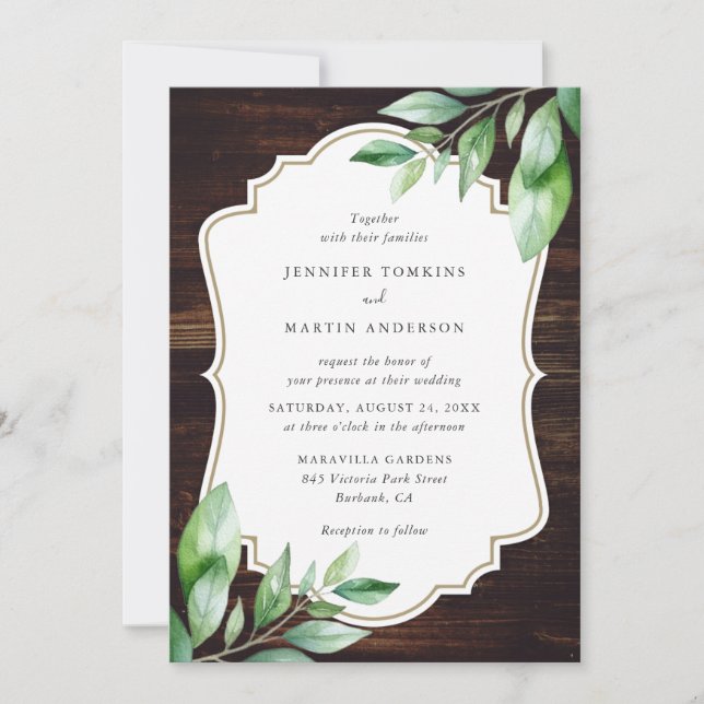 Convite Casamento Rustic Wood Greenery (Frente)