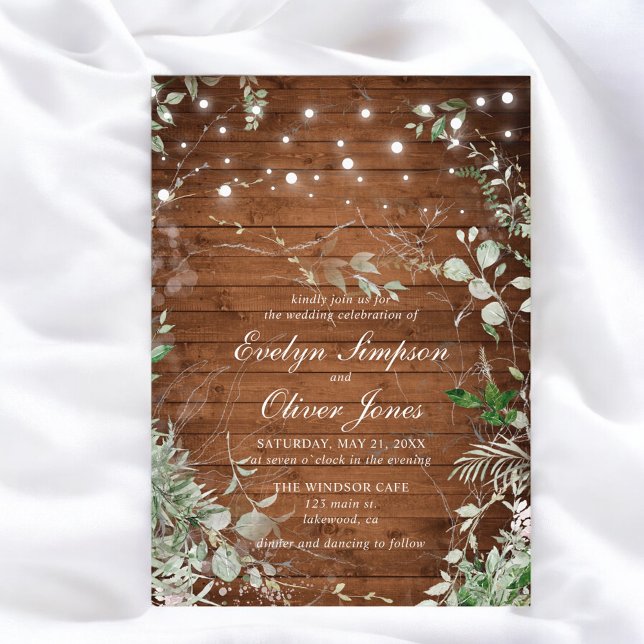 Convite Casamento Rustic Wood Greenery Script (Criador carregado)