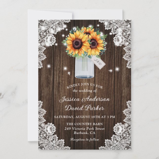 Convite Casamento Rustic Wood Lace Mason Jar Sunflower (Frente)