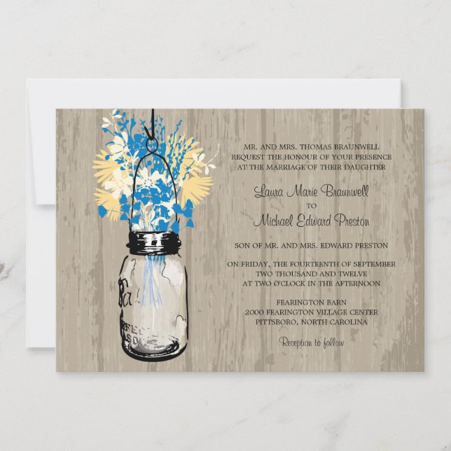Convite Casamento Rustic Wood Mason Jar e Wildflower (Frente)