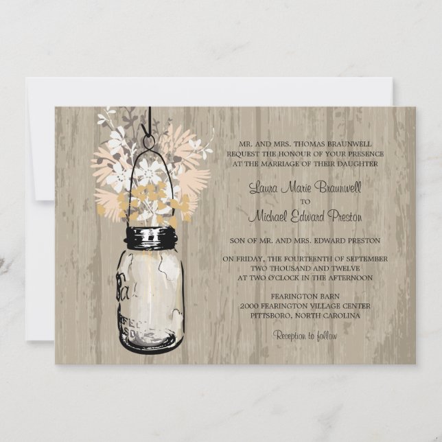 Convite Casamento Rustic Wood Mason Jar e Wildflower (Frente)