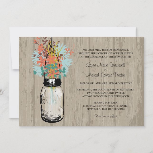Convite Casamento Rustic Wood Mason Jar e Wildflower (Frente)