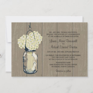 Convite Casamento Rustic Wood Mason Jar Hydrangeas