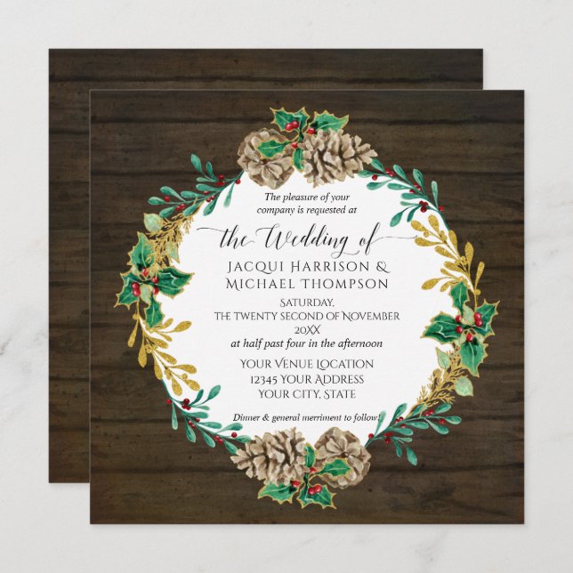 Convite Casamento Rustic Wood Pine Cone Greenery (Frente/Verso)