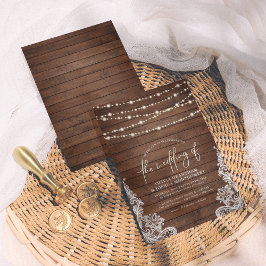 Convite Casamento Rustic Wood String Lights & Lace Script