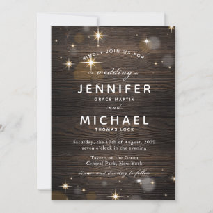 Convite Casamento Rustic Wood Twinkle & Light Noturno