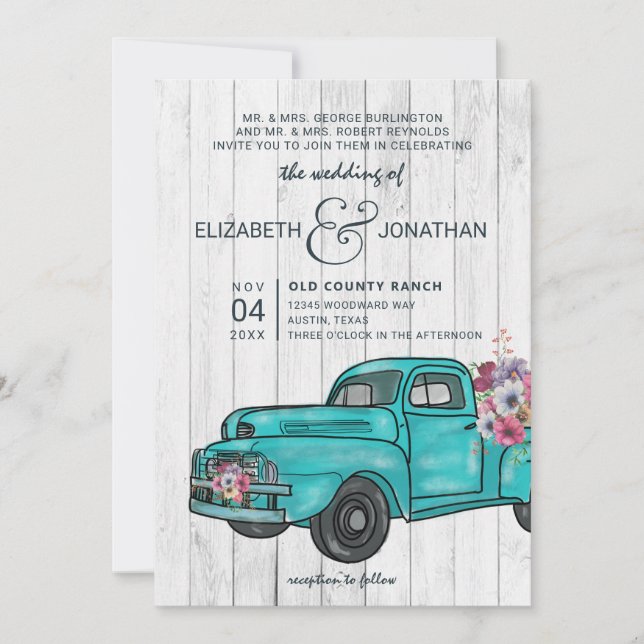 Convite Casamento Rustic Wood Vintage Teal Truck Boho (Frente)
