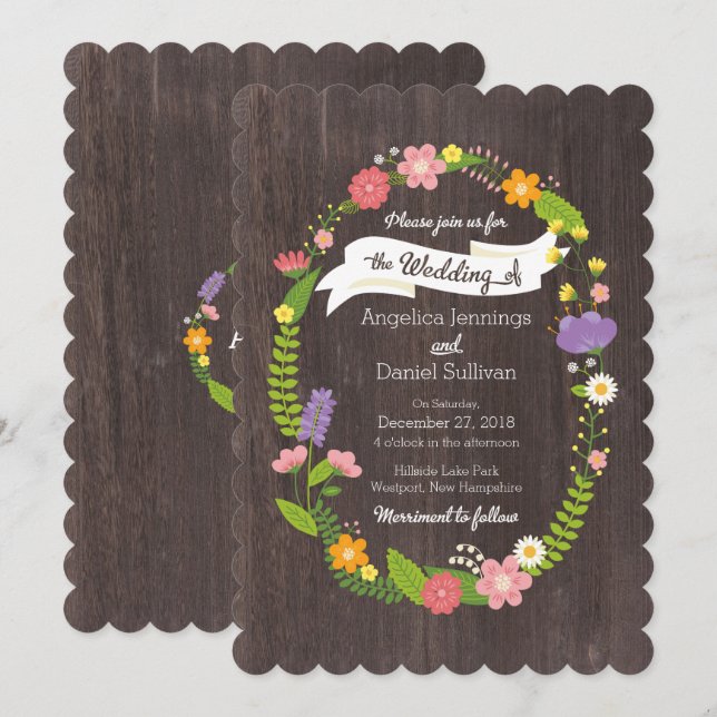 Convite Casamento Rustic Woodland Bohemian Floral Wreath (Frente/Verso)