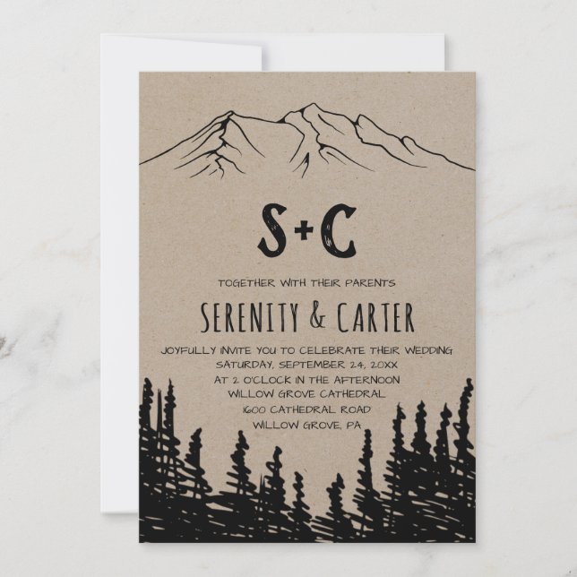 Convite Casamento Rustic Woodsy Mountain Monograma (Frente)