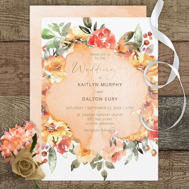 Convite Casamento Rustic Yellow Orange & Peach Rosa (Criador carregado)