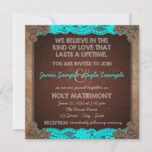Convite Casamento Rústico Antigo em Azul Teal e Marrom