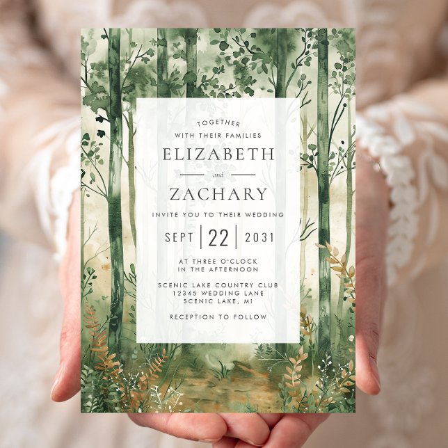 Convite Casamento Rústico Aquarela Verde Dourado Floresta (Criador carregado)