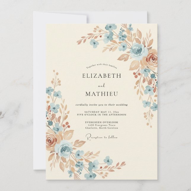 Convite Casamento Rústico Artístico Azul Empoeirado (Frente)