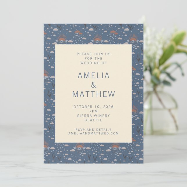 Convite Casamento Rústico Azul e Boho Natureza  (Em pé/Frente)
