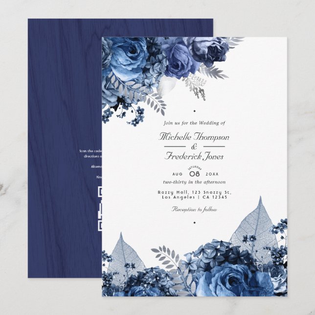 Convite Casamento Rústico Azul Marinho & Branco com Código (Frente/Verso)