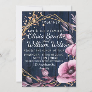 Convite Casamento Rústico Azul Marinho Dourado Rosa