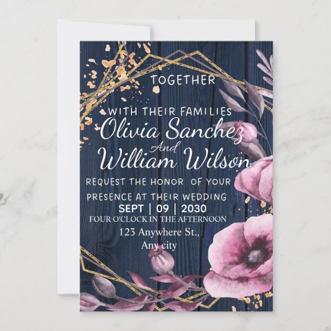 Convite Casamento Rústico Azul Marinho Dourado Rosa (Frente)