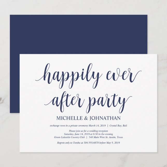 Convite Casamento Rústico Azul Marinho Fuga Recepção (Frente/Verso)