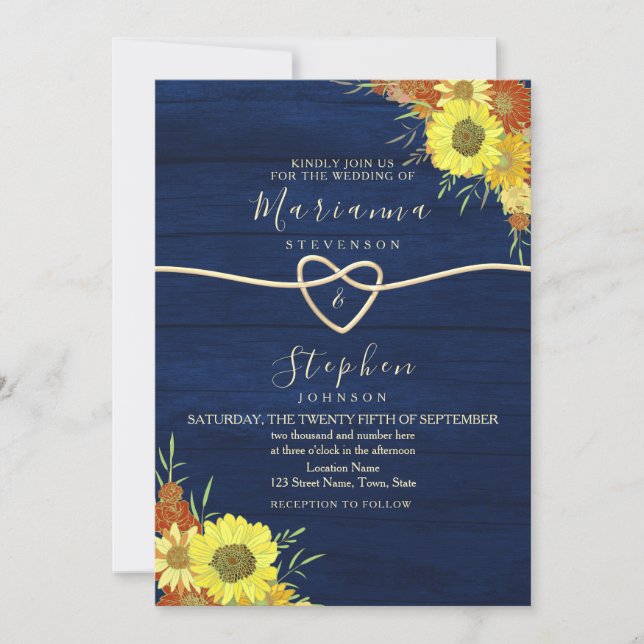 Convite Casamento Rústico Azul Naval de Girassol (Frente)