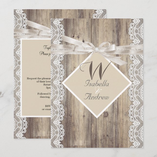Convite Casamento Rústico Bege Branco Renda Madeira (Frente/Verso)