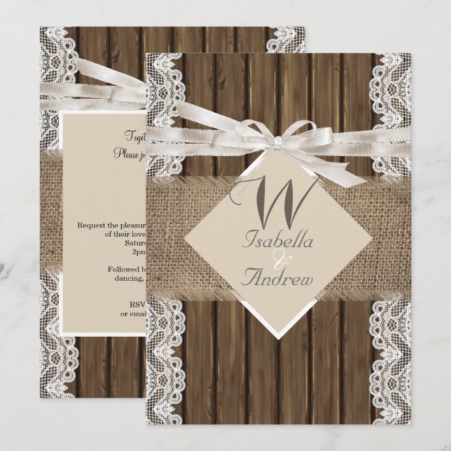 Convite Casamento Rústico Bege Branco Renda Madeira e Burl (Frente/Verso)