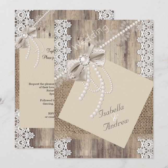 Convite Casamento Rústico Bege Pérola Renda Madeira 4 (Frente/Verso)
