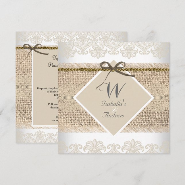 Convite Casamento Rústico Bege renda Burlap Branco (Frente/Verso)