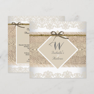 Convite Casamento Rústico Bege renda Burlap Branco