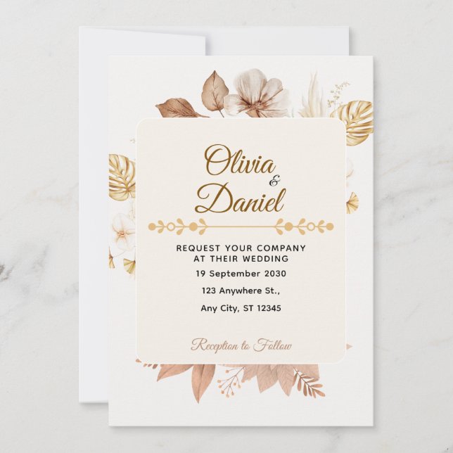 Convite Casamento Rústico Boêmio com Florais Secas Creme (Frente)