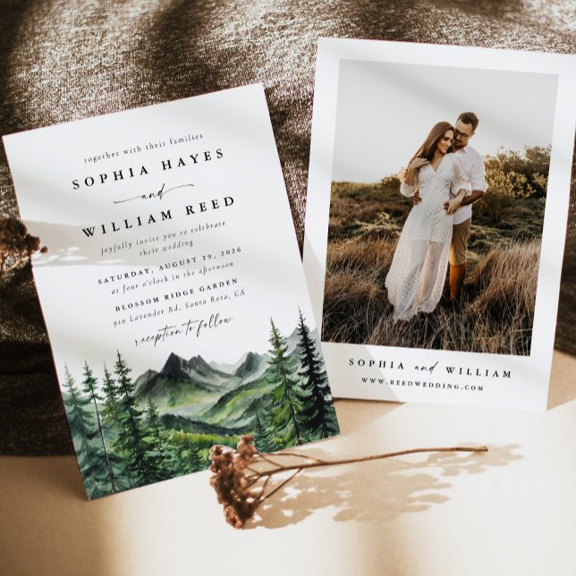 Convite Casamento Rústico Boho Aquarela na Montanha (Criador carregado)