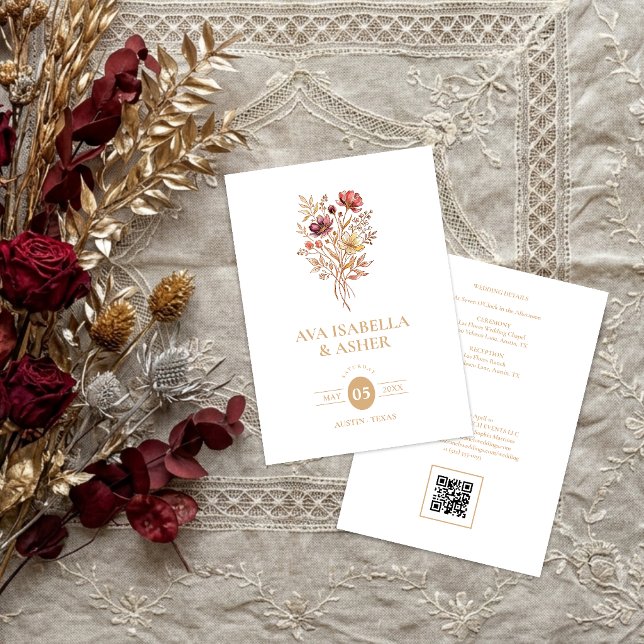 Convite Casamento Rústico Boho Botânico Posy Dourado TLW26 (Rustic Boho Botanical Posy Gold Wedding Invitation Card with a Lovely Watercolor Effect.)