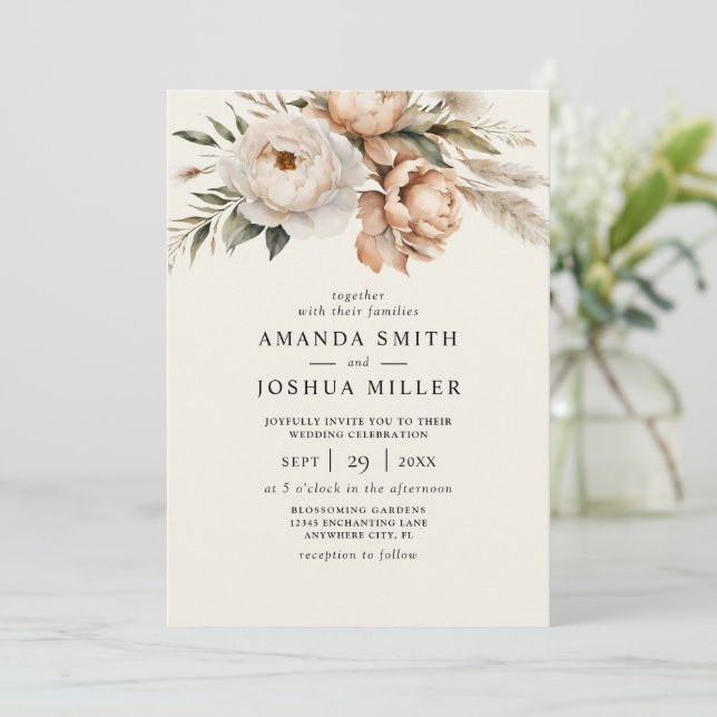 Convite Casamento Rústico Boho com Flores Secas e Grama de (Em pé/Frente)