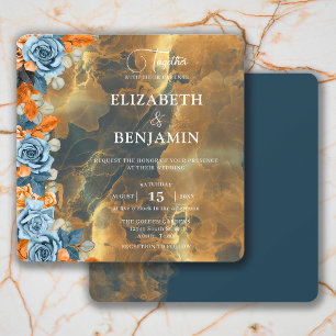 Convite Casamento Rústico Boho Elegante Dourado Azul e Fer