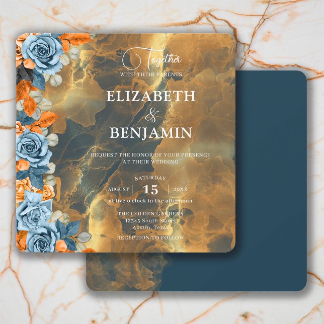 Convite Casamento Rústico Boho Elegante Dourado Azul e Fer (Criador carregado)