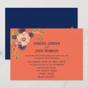 Convite Casamento Rústico Boho Floral Azul Marinho e Coral