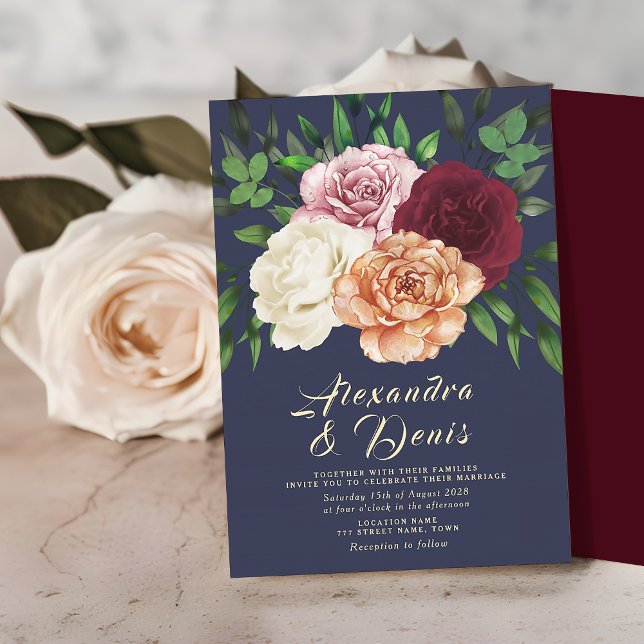 Convite Casamento Rústico Boho Floral Burgundy e Azul Mari (Criador carregado)