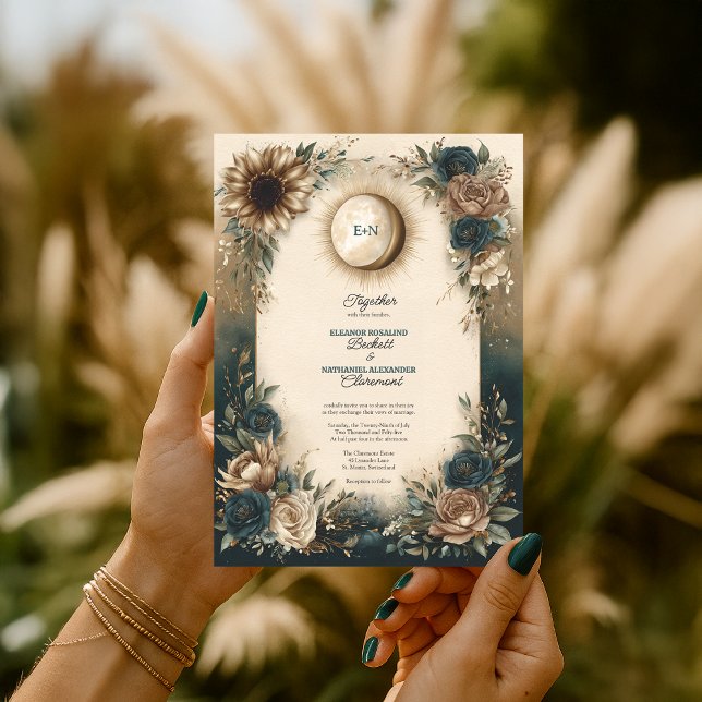 Convite Casamento Rústico Boho Floral Lua Sol Celestial (Celestial Sun Moon Boho Floral Rustic Wedding Invitation
)