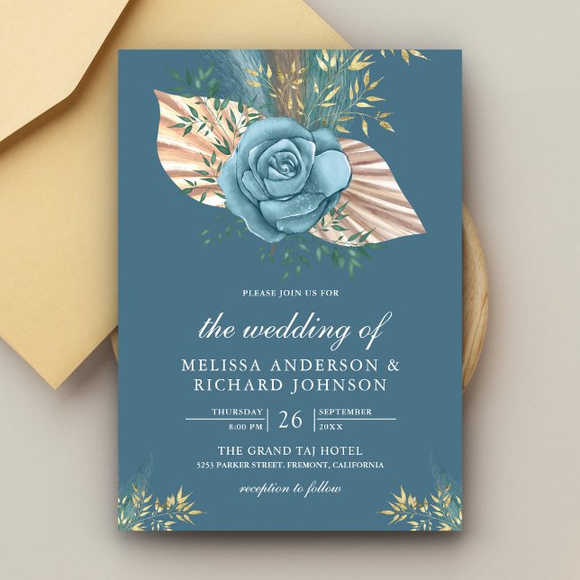 Convite Casamento Rústico Boho Palma Floral Azul Poeirento (Criador carregado)