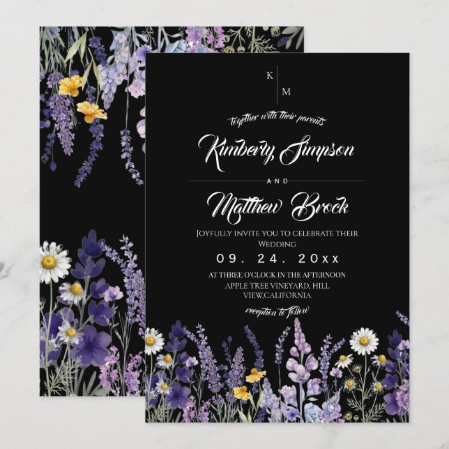 Convite Casamento Rústico Boho Preto de Flor Silvestre (Frente/Verso)