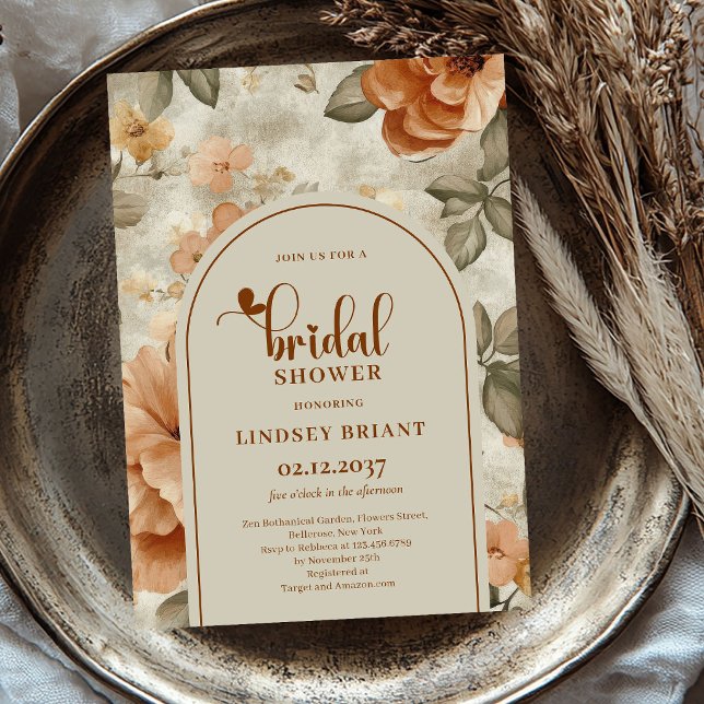 Convite Casamento Rústico Boho Terracota Flores  (Rustic Boho Terracotta Flowers Bridal Shower Invitation)