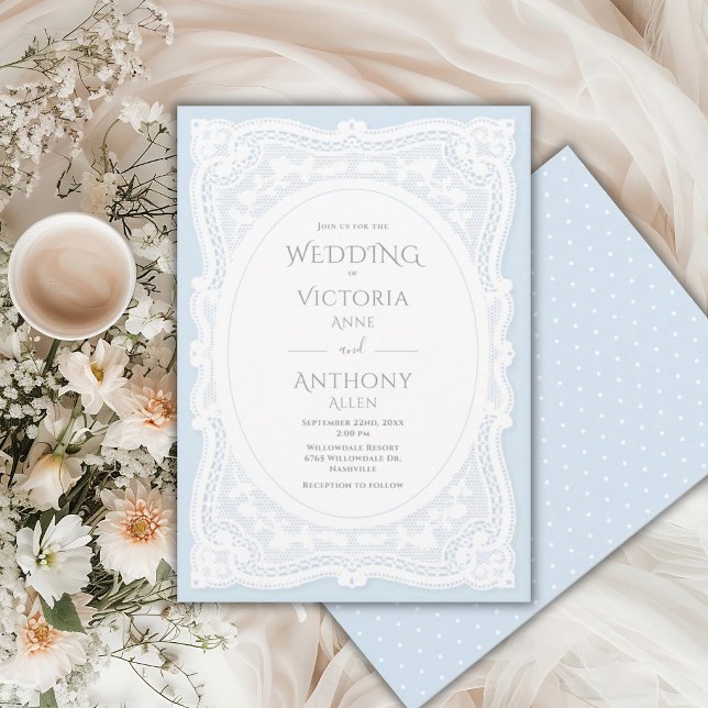 Convite Casamento Rústico Branco Vintage com Renda Azul (Criador carregado)