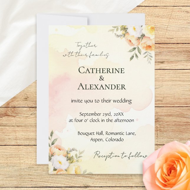 Convite Casamento Rústico Chic com Aquarela Floral (A pretty wedding invitation template with rustic peach, white and yellow roses in a watercolor style)