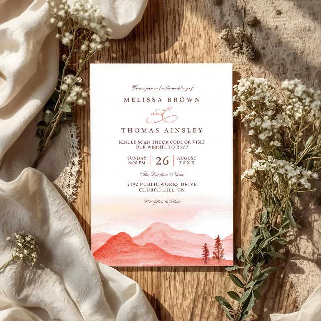 Convite Casamento Rústico Código QR Deserto Montanhas Boho (Criador carregado)