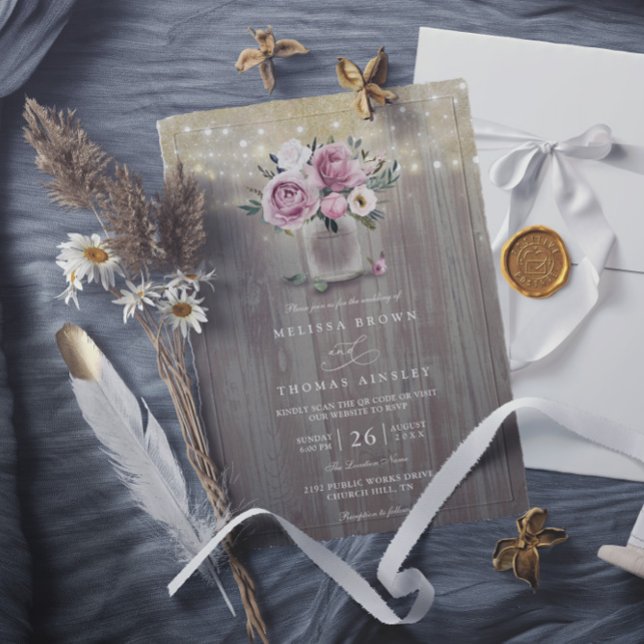 Convite Casamento Rústico Código QR Flor Rosa Empoeirada e (Criador carregado)