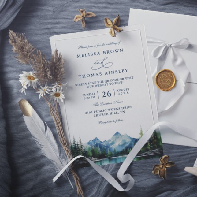 Convite Casamento Rústico Código QR Floresta Montanha Lago (Criador carregado)