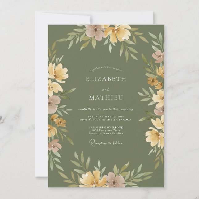 Convite Casamento Rústico com Aquarela Amarela Oliva (Frente)