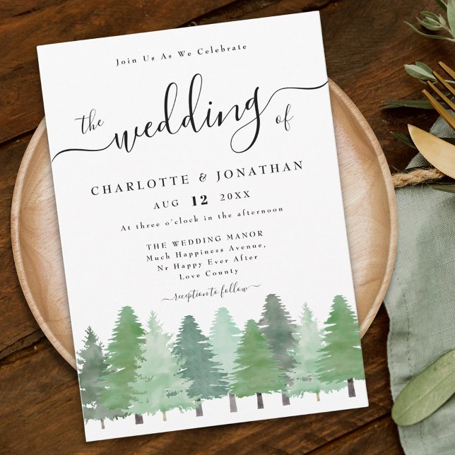 Convite Casamento Rústico com Aquarela na Floresta Silvest (Modern watercolor woodland forest wedding invitation elegant script)