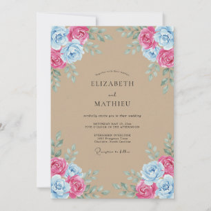Convite Casamento Rústico com Aquarela Rosa Azul