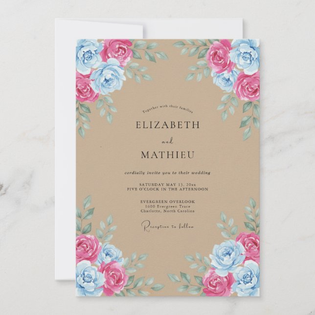 Convite Casamento Rústico com Aquarela Rosa Azul (Frente)