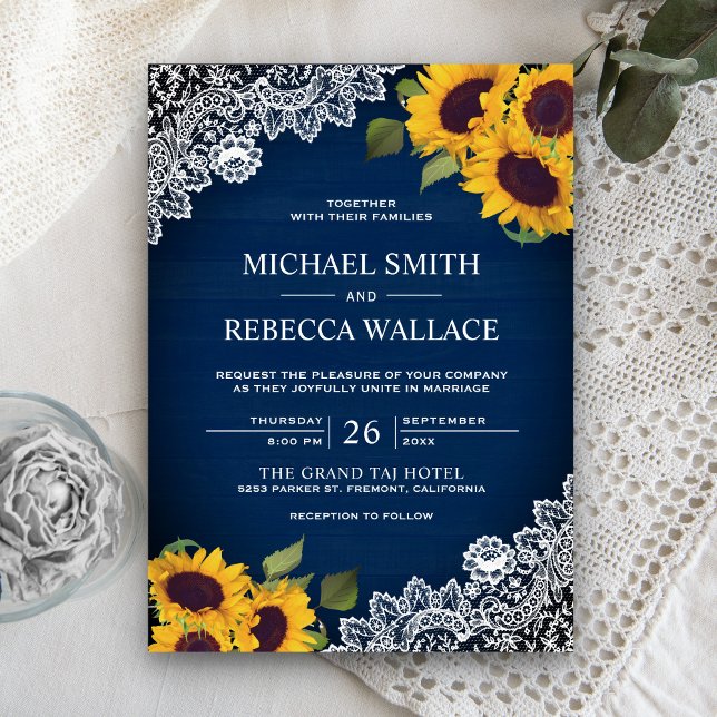 Convite Casamento Rustico com Azul Naval, Madeira, Renda e (Criador carregado)